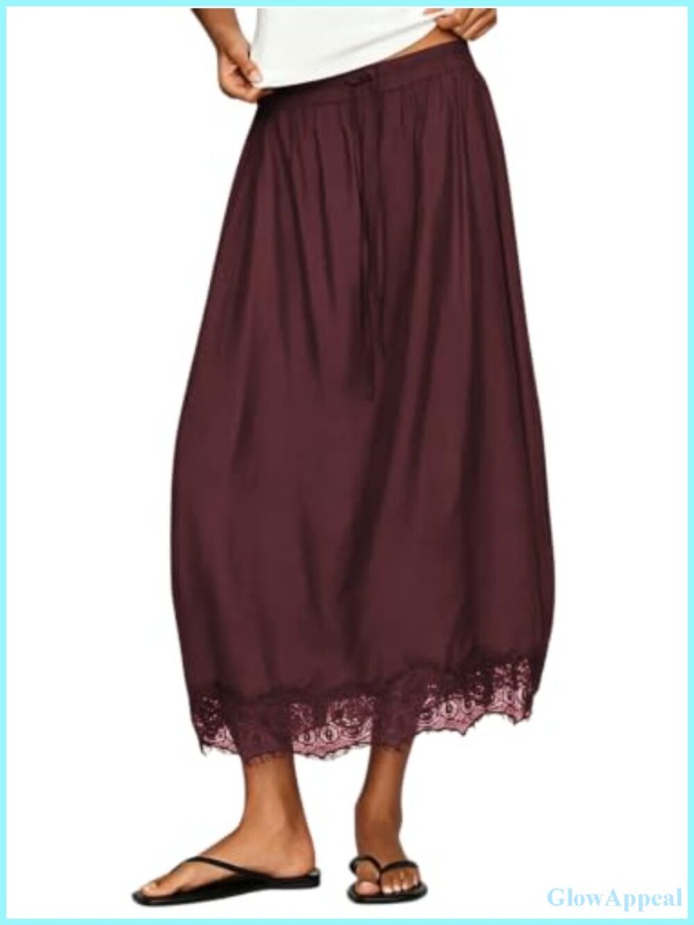 Lace Hem Midi Skirt High Waist with Pockets Casual Summer